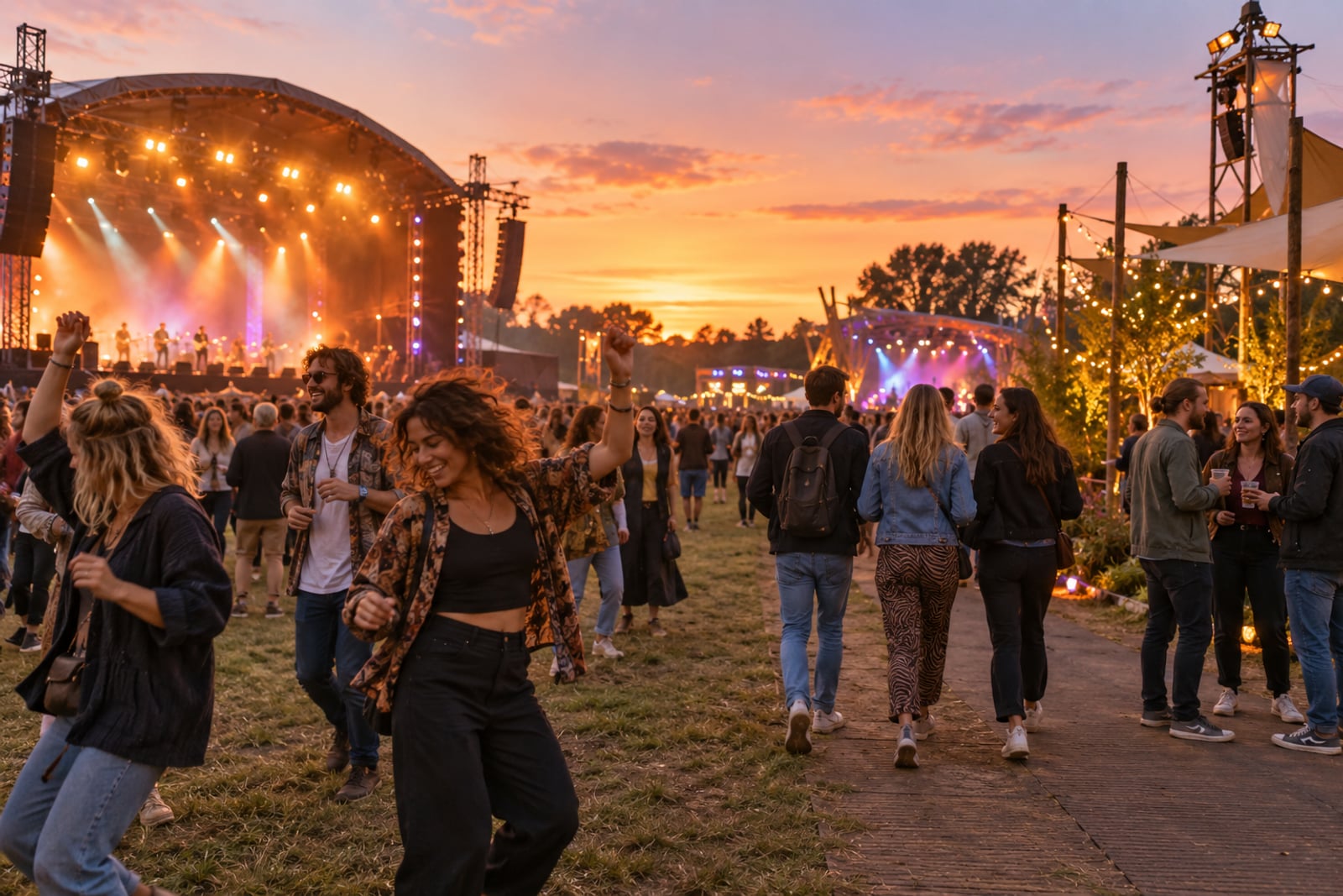 Illustratie van bezoekers die dansen, over het gras lopen en met elkaar praten op een muziekfestival bij zonsondergang