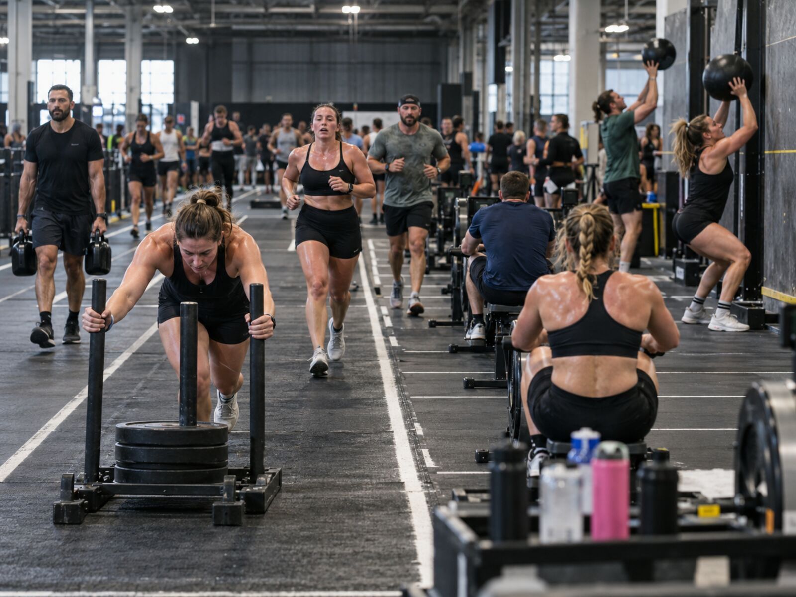 Een fitnesswedstrijd in een hal, met een vrouw die een slee duwt en deelnemers die hardlopen, roeien, gewichten dragen en ballen tegen de muur gooien