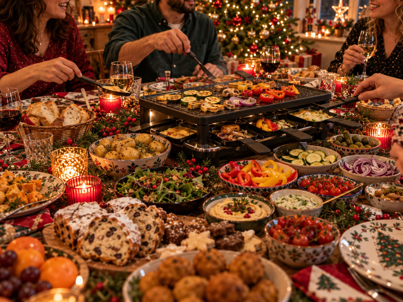 Een gedekte kersttafel met een gourmetstel vol groente, schalen met salade, rauwkost en aardappeltjes, kerststol en kaarsjes